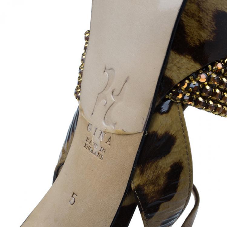 Pre Owned Gina Brown Crystal Embellished Leopard Print Sandals Size 38