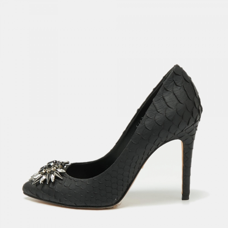 Pre Owned Gina Black Python Leather Crystal Embellished Pumps Size 37