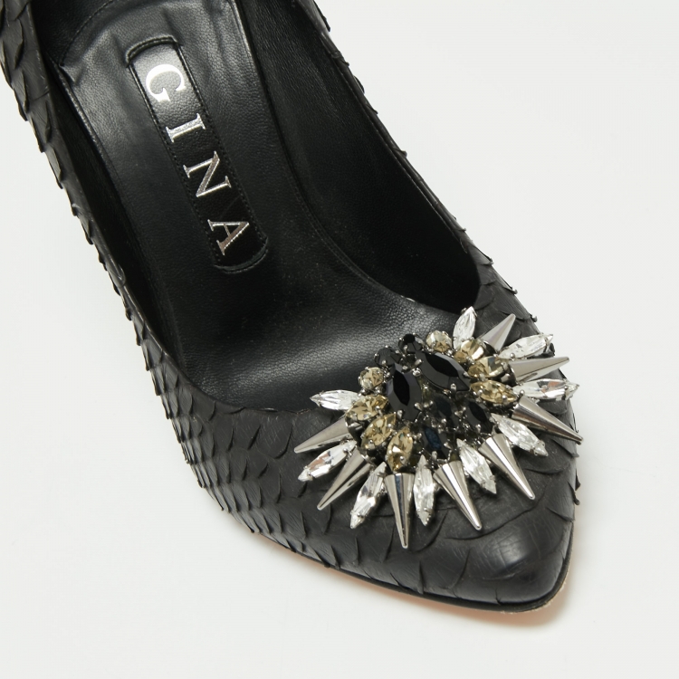 Pre Owned Gina Black Python Leather Crystal Embellished Pumps Size 37