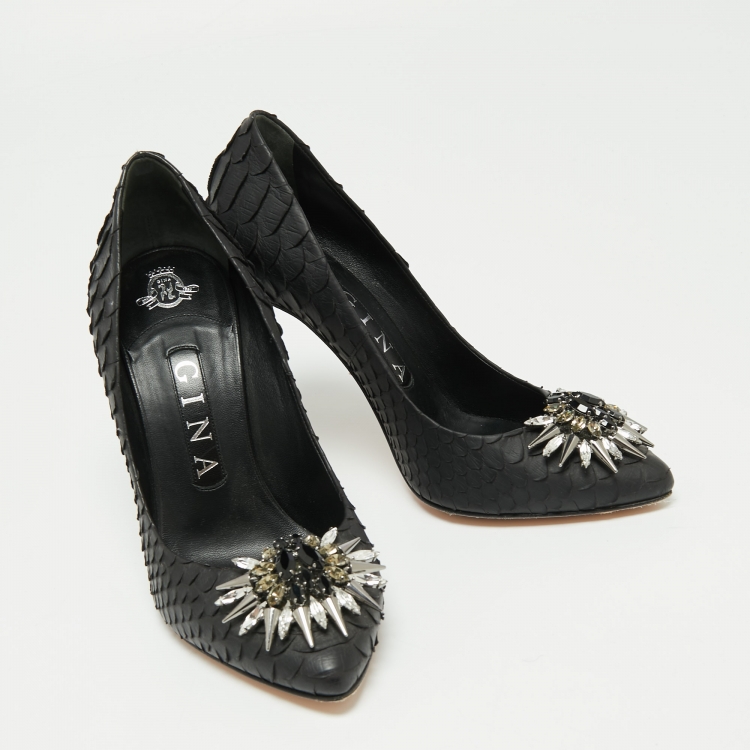 Pre Owned Gina Black Python Leather Crystal Embellished Pumps Size 37