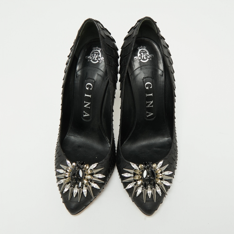 Pre Owned Gina Black Python Leather Crystal Embellished Pumps Size 37