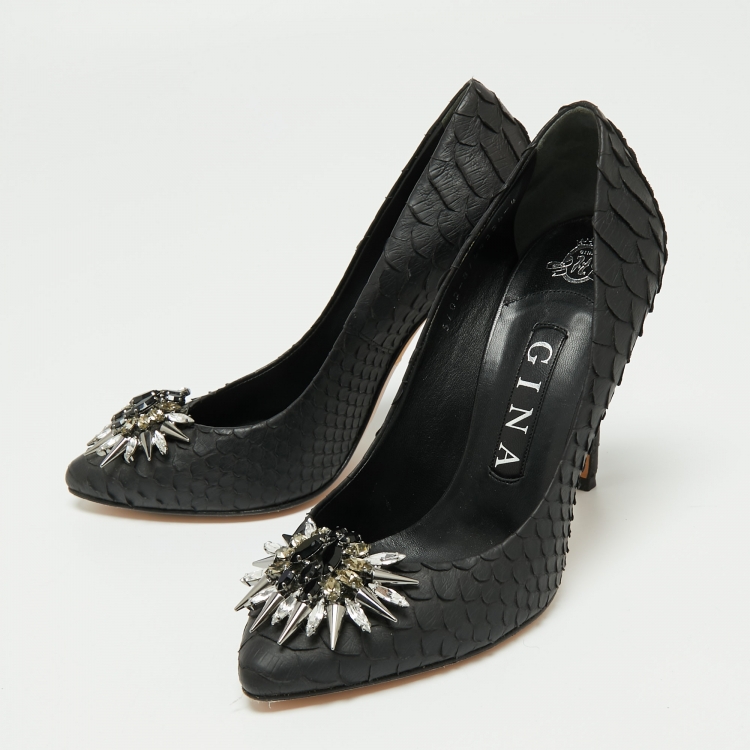 Pre Owned Gina Black Python Leather Crystal Embellished Pumps Size 37