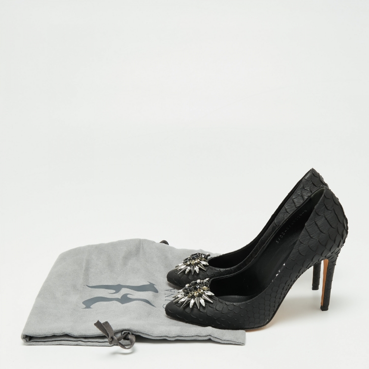 Pre Owned Gina Black Python Leather Crystal Embellished Pumps Size 37