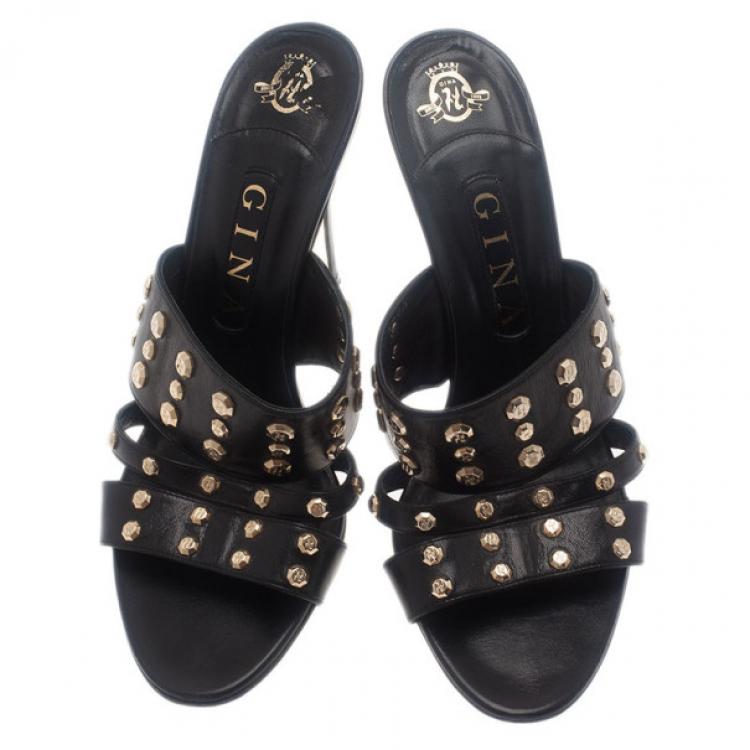Pre Owned Gina Black Leather Studded Slides Size 40
