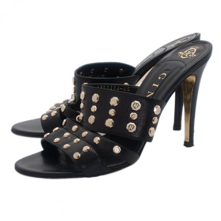 Pre Owned Gina Black Leather Studded Slides Size 40