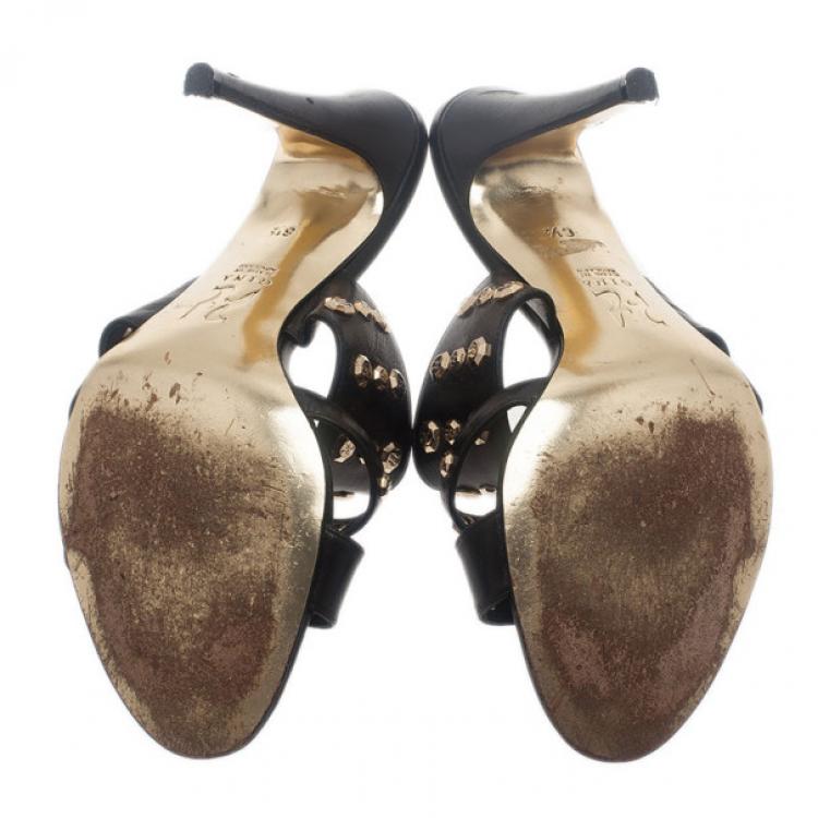 Pre Owned Gina Black Leather Studded Slides Size 40