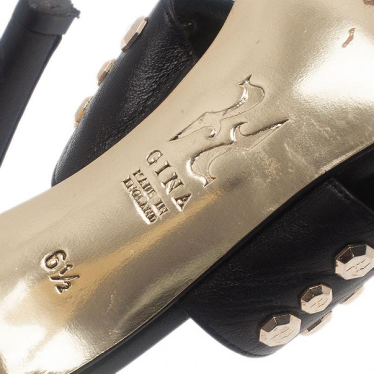 Pre Owned Gina Black Leather Studded Slides Size 40