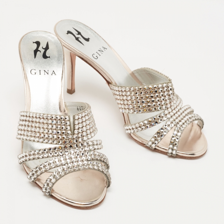 Pre Owned Gina Pink Crystal Embellished Leather Slide Sandals Size 36