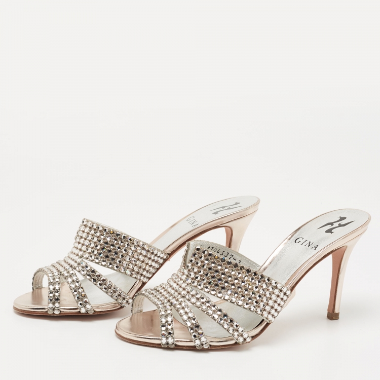 Pre Owned Gina Pink Crystal Embellished Leather Slide Sandals Size 36