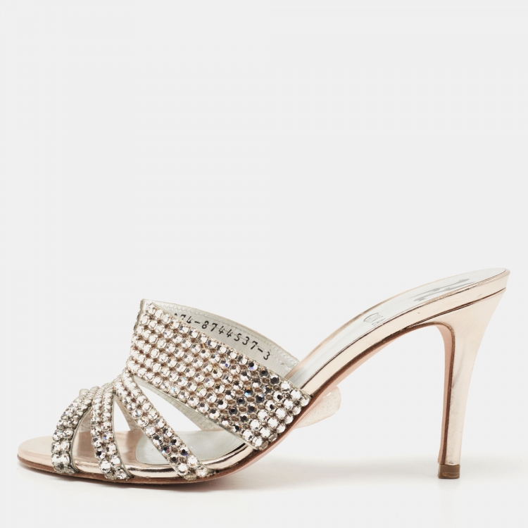 Pre Owned Gina Pink Crystal Embellished Leather Slide Sandals Size 36