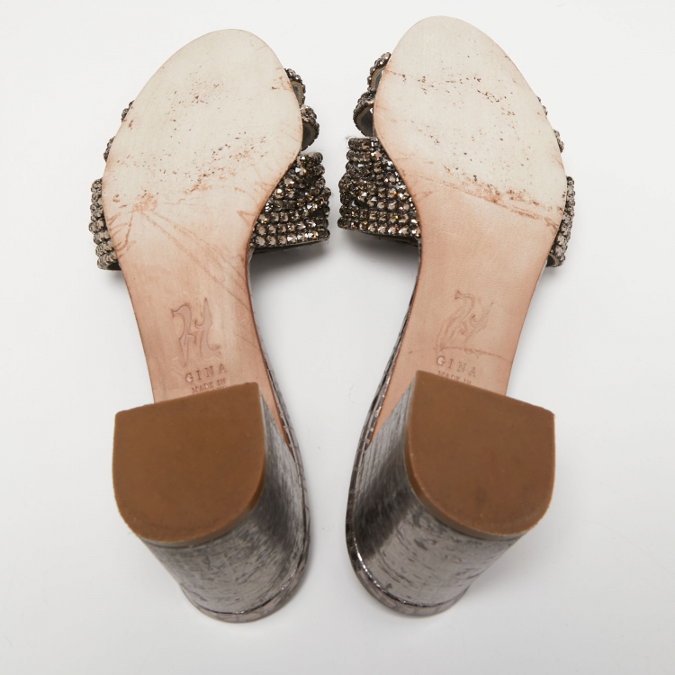 Pre Owned Gina Silver Croc Embossed Leather Crystal Embellished Slide Sandals Size 39.5