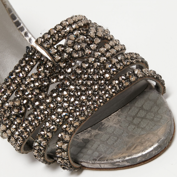 Pre Owned Gina Silver Croc Embossed Leather Crystal Embellished Slide Sandals Size 39.5
