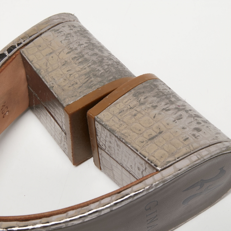 Pre Owned Gina Silver Croc Embossed Leather Crystal Embellished Slide Sandals Size 39.5