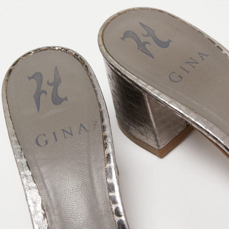 Pre Owned Gina Silver Croc Embossed Leather Crystal Embellished Slide Sandals Size 39.5