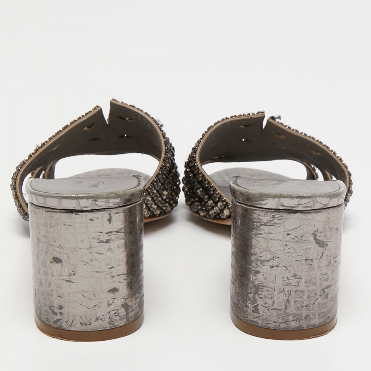 Pre Owned Gina Silver Croc Embossed Leather Crystal Embellished Slide Sandals Size 39.5