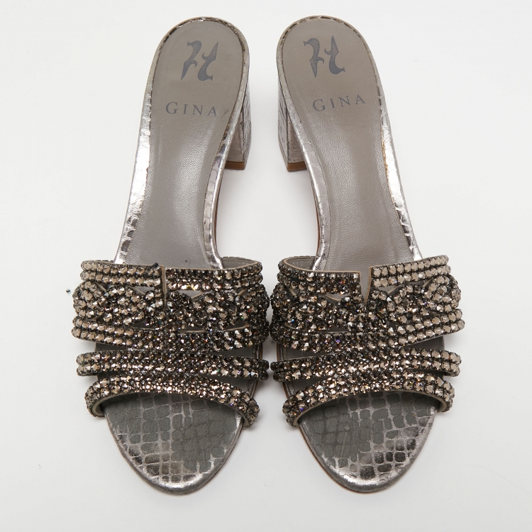Pre Owned Gina Silver Croc Embossed Leather Crystal Embellished Slide Sandals Size 39.5