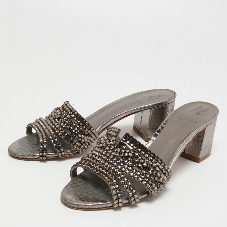Pre Owned Gina Silver Croc Embossed Leather Crystal Embellished Slide Sandals Size 39.5