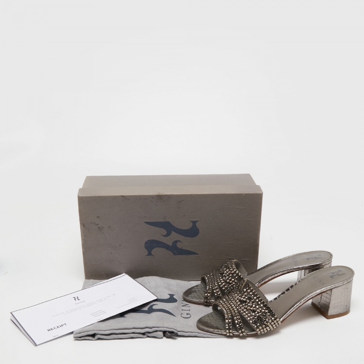 Pre Owned Gina Silver Croc Embossed Leather Crystal Embellished Slide Sandals Size 39.5