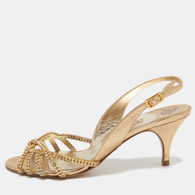 Pre Owned Gina Gold Leather Crystal Embellished Slingback Sandals Size 38