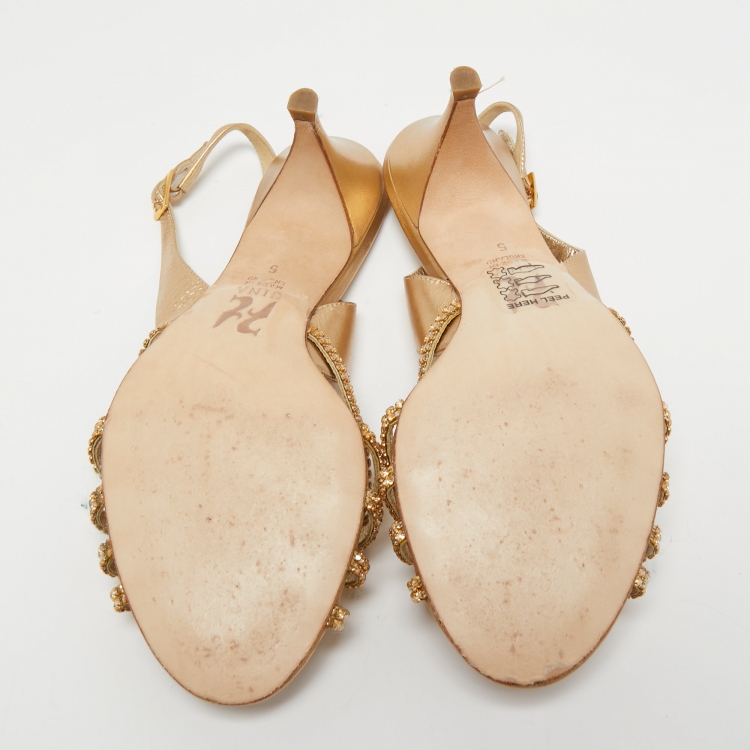 Pre Owned Gina Gold Leather Crystal Embellished Slingback Sandals Size 38