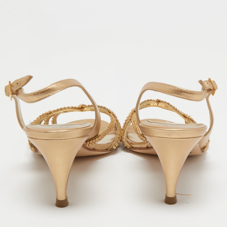 Pre Owned Gina Gold Leather Crystal Embellished Slingback Sandals Size 38