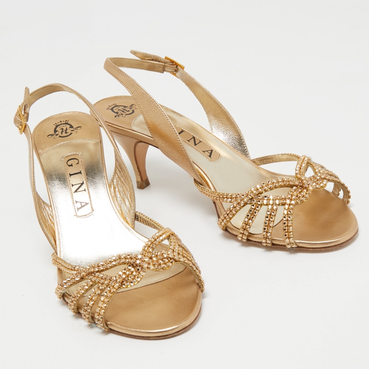 Pre Owned Gina Gold Leather Crystal Embellished Slingback Sandals Size 38