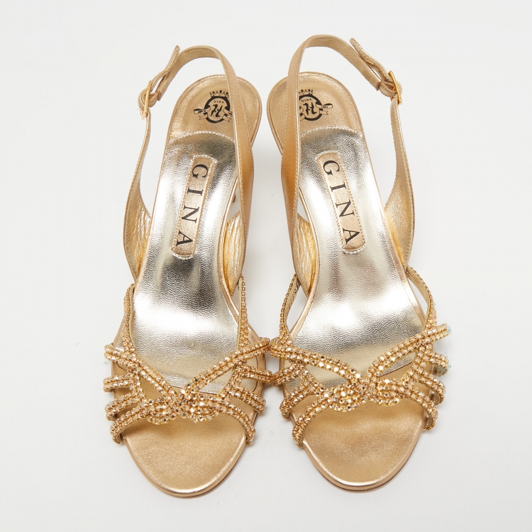 Pre Owned Gina Gold Leather Crystal Embellished Slingback Sandals Size 38
