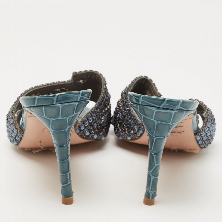 Pre Owned Gina Grey Croc Embossed Patent Crystal Embellished Loren Slides Size 38