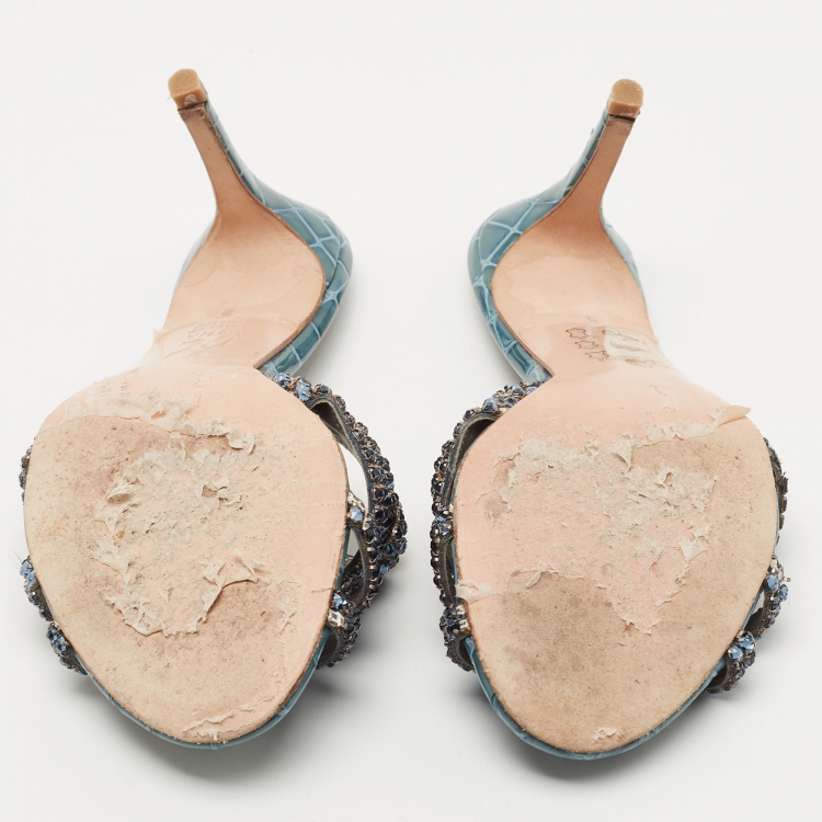 Pre Owned Gina Grey Croc Embossed Patent Crystal Embellished Loren Slides Size 38