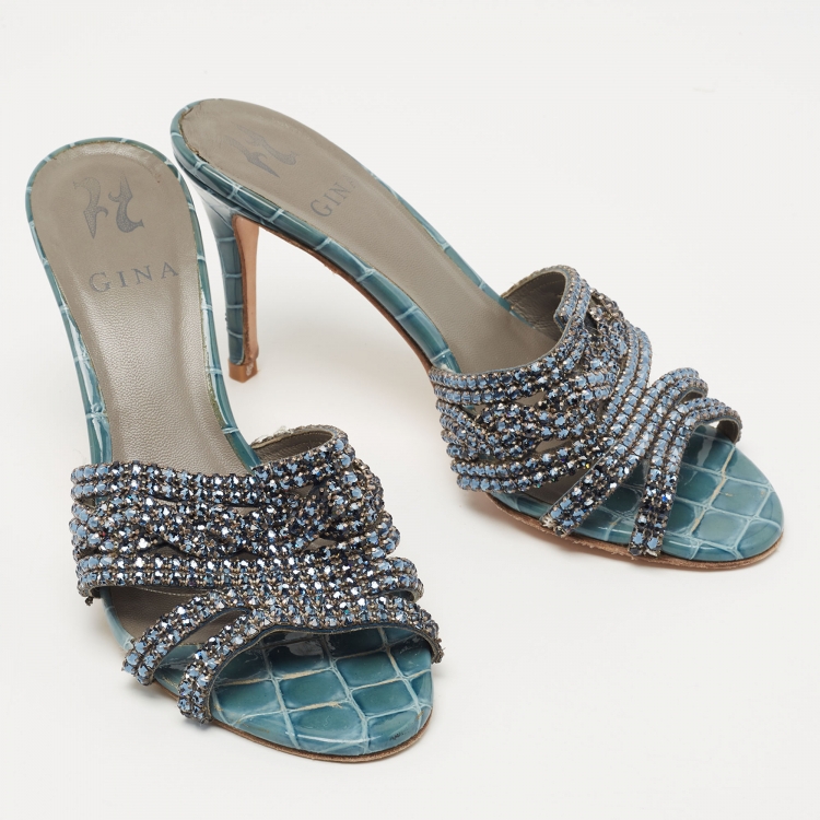 Pre Owned Gina Grey Croc Embossed Patent Crystal Embellished Loren Slides Size 38