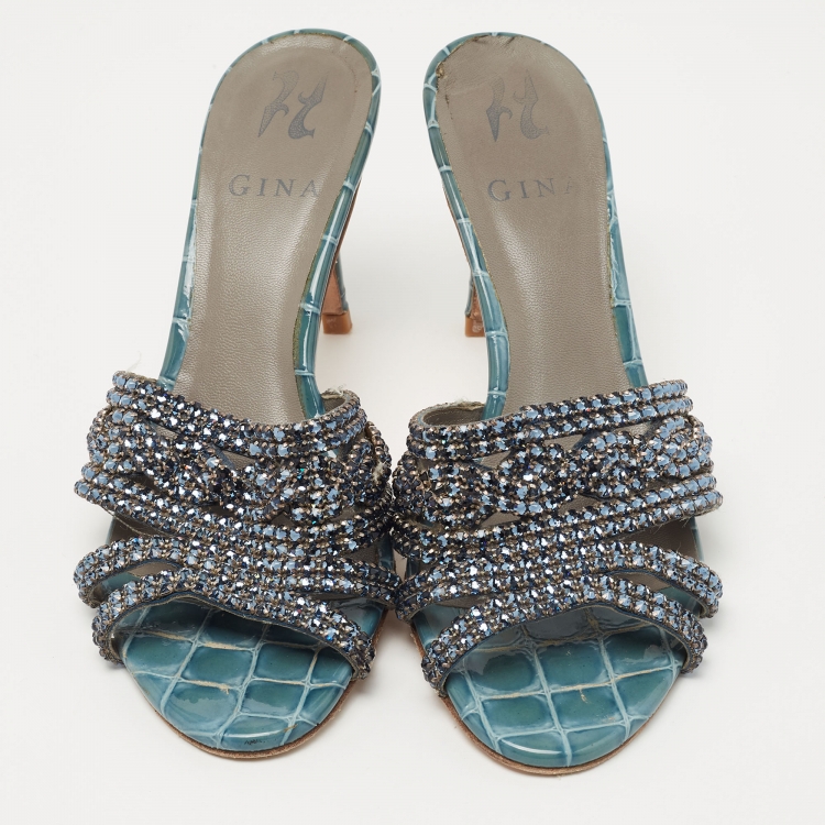 Pre Owned Gina Grey Croc Embossed Patent Crystal Embellished Loren Slides Size 38
