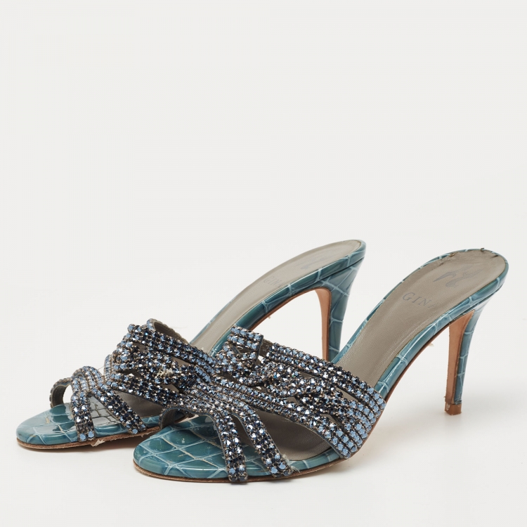 Pre Owned Gina Grey Croc Embossed Patent Crystal Embellished Loren Slides Size 38