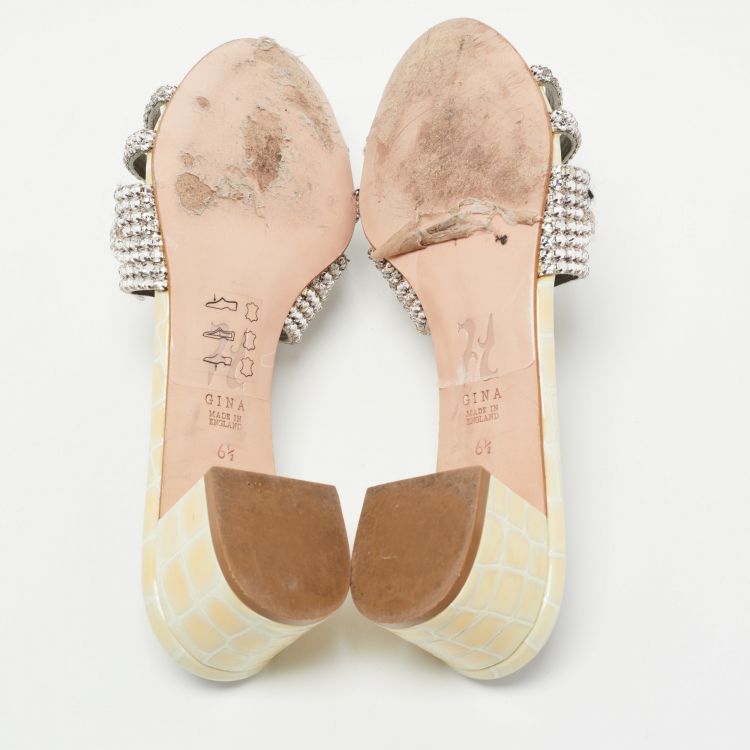 Pre Owned Gina Cream Croc Embossed Patent Leather Crystal Embellished Hayworth Sandals Size 39.5