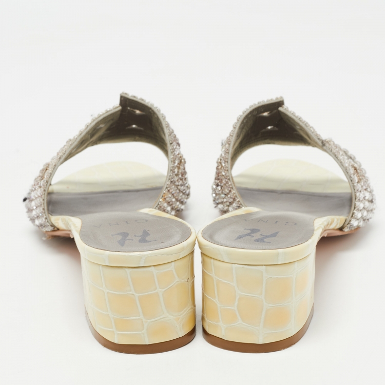 Pre Owned Gina Cream Croc Embossed Patent Leather Crystal Embellished Hayworth Sandals Size 39.5