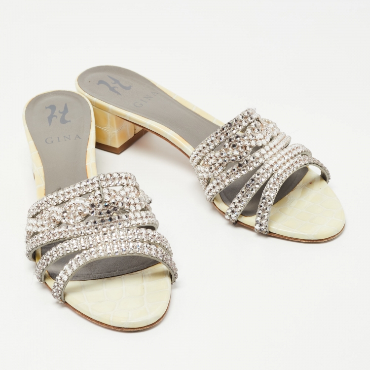 Pre Owned Gina Cream Croc Embossed Patent Leather Crystal Embellished Hayworth Sandals Size 39.5