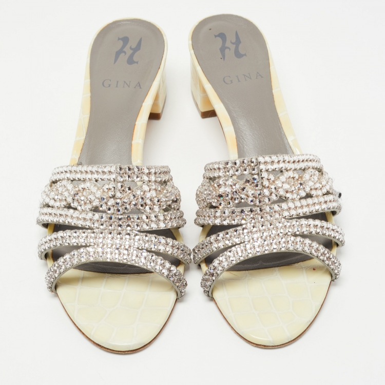 Pre Owned Gina Cream Croc Embossed Patent Leather Crystal Embellished Hayworth Sandals Size 39.5