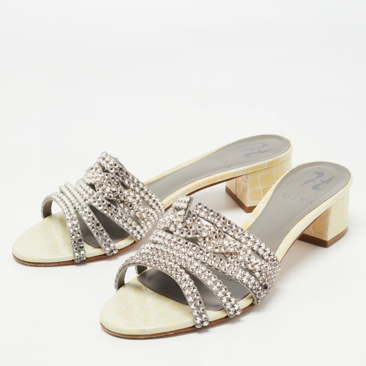 Pre Owned Gina Cream Croc Embossed Patent Leather Crystal Embellished Hayworth Sandals Size 39.5