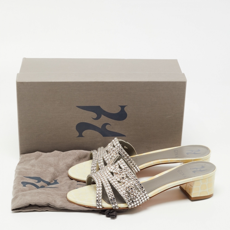 Pre Owned Gina Cream Croc Embossed Patent Leather Crystal Embellished Hayworth Sandals Size 39.5