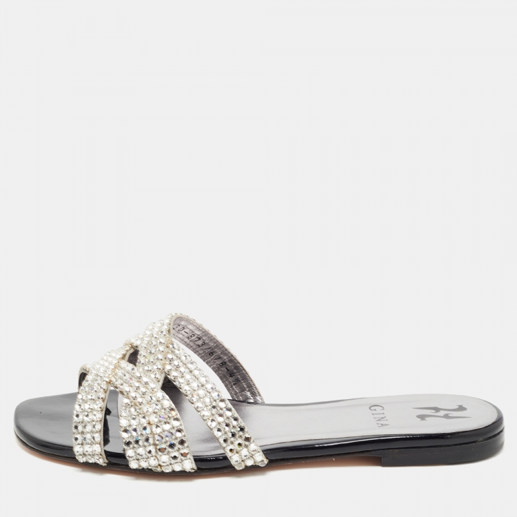 Pre Owned Gina Black Leather Crystal Embellished Slides Size 37.5