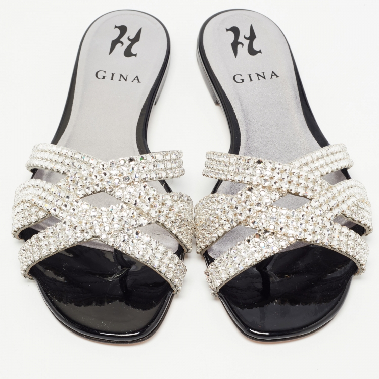 Pre Owned Gina Black Leather Crystal Embellished Slides Size 37.5