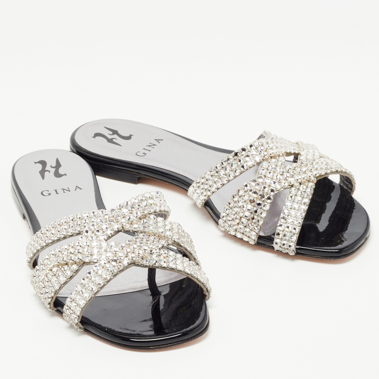 Pre Owned Gina Black Leather Crystal Embellished Slides Size 37.5