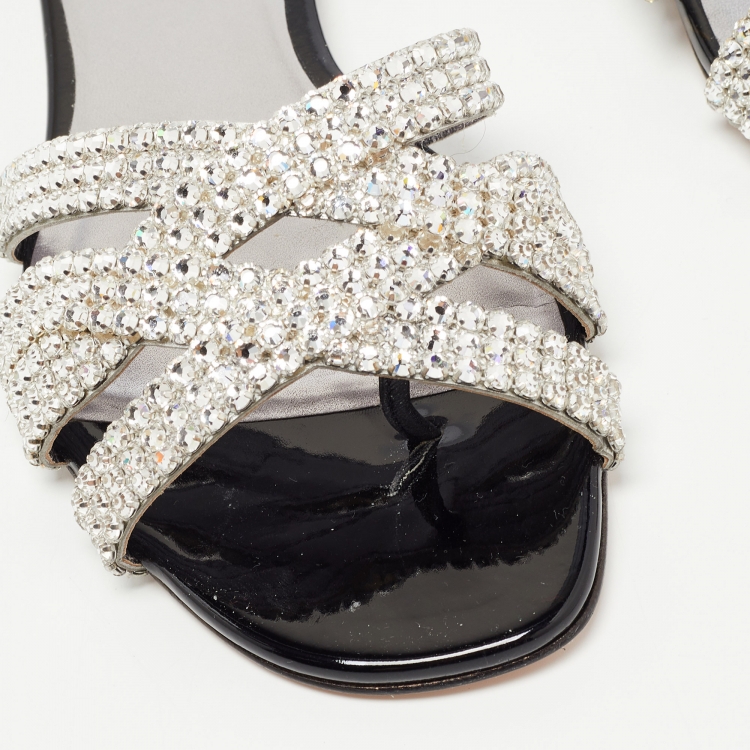 Pre Owned Gina Black Leather Crystal Embellished Slides Size 37.5