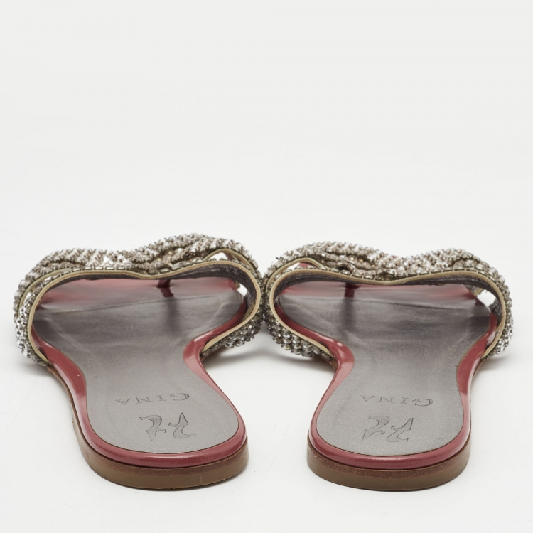 Pre Owned Gina Silver/Brown Leather and Patent Crystal Embellished Slide Flats Size 40