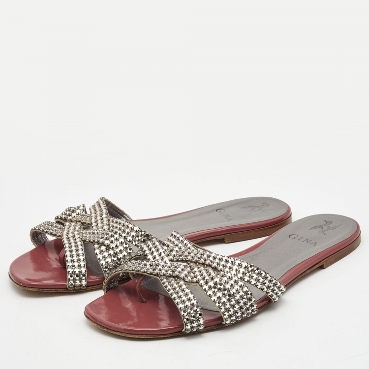 Pre Owned Gina Silver/Brown Leather and Patent Crystal Embellished Slide Flats Size 40