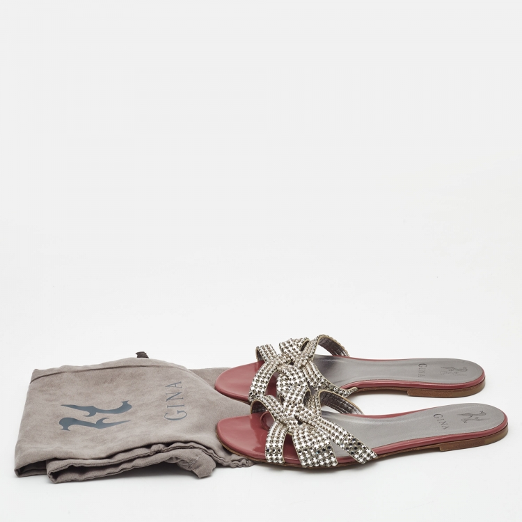 Pre Owned Gina Silver/Brown Leather and Patent Crystal Embellished Slide Flats Size 40