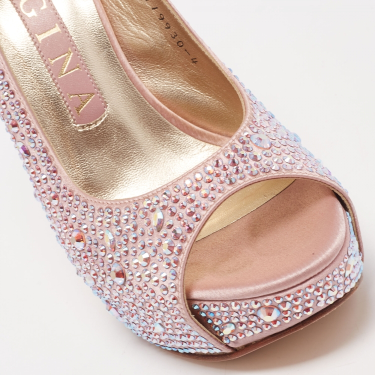 مملوكة مسبقًا Gina Pink Satin and Crystal Slingback Sandals Size 37