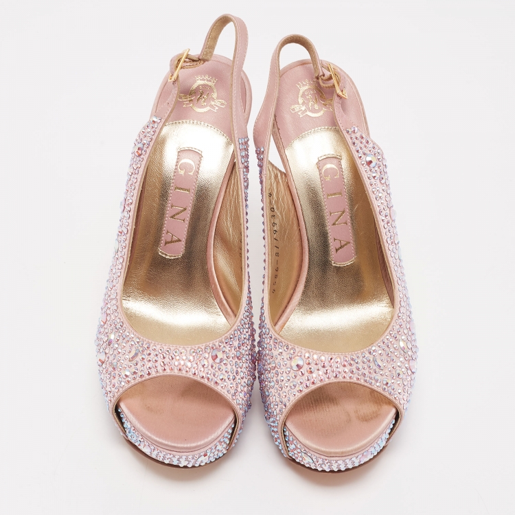 مملوكة مسبقًا Gina Pink Satin and Crystal Slingback Sandals Size 37