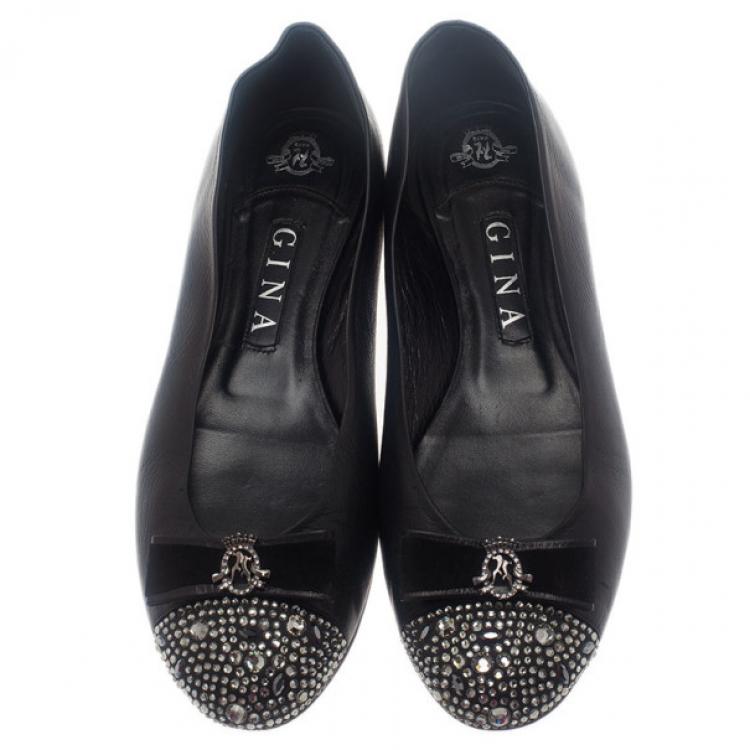 Pre Owned Gina Black Leather Studded Ballet Flats Size 41