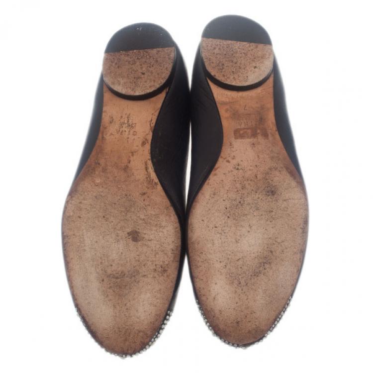 Pre Owned Gina Black Leather Studded Ballet Flats Size 41