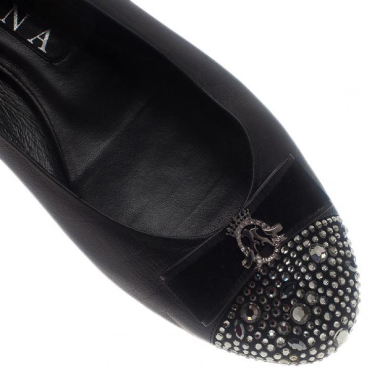 Pre Owned Gina Black Leather Studded Ballet Flats Size 41